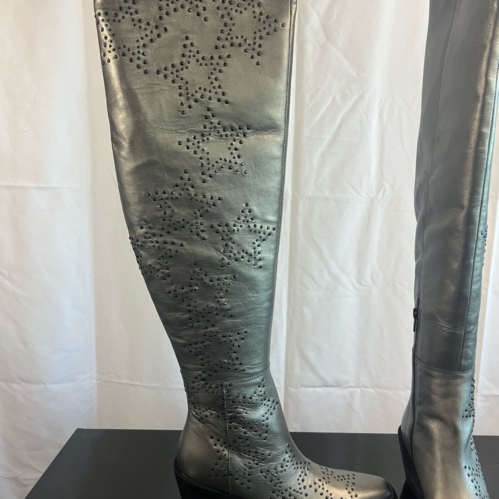 NASTY GAL, Genuine Leather, Gun Metal, Star studded Over the knee high Boots - Picture 5 of 14